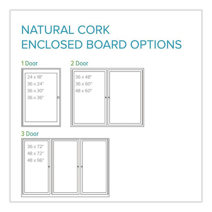 1 Door Enclosed Natural Cork Bulletin Board with Satin Frame, 24" x 36", Tan Surface, Satin Aluminum Frame