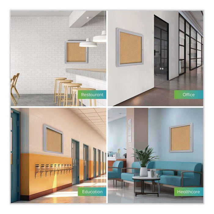 1 Door Enclosed Natural Cork Bulletin Board with Satin Frame, 36" x 36", Tan Surface, Satin Aluminum Frame