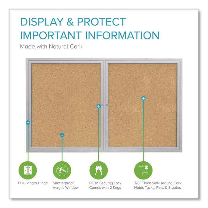 2 Door Enclosed Natural Cork Bulletin Board with Satin Frame, 48" x 36", Tan Surface, Satin Aluminum Frame