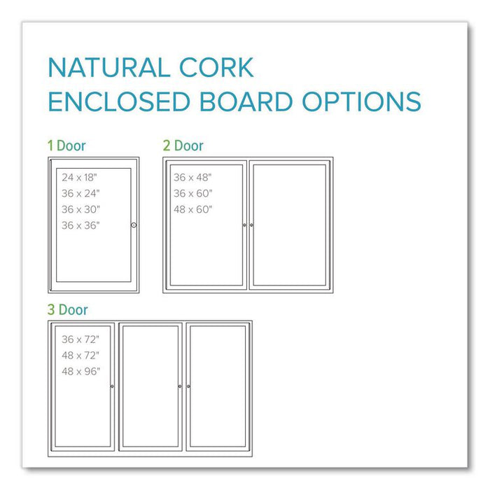 2 Door Enclosed Natural Cork Bulletin Board with Satin Frame, 60" x 36", Tan Surface, Satin Aluminum Frame