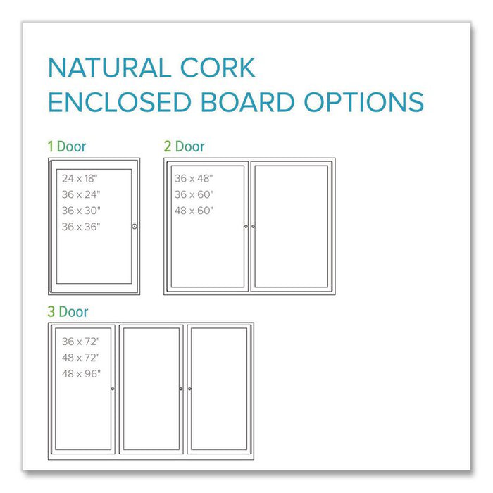 2 Door Enclosed Natural Cork Bulletin Board with Satin Frame, 72" x 36", Tan Surface, Satin Aluminum Frame