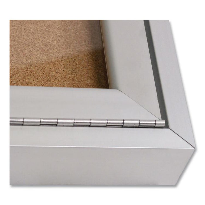 2 Door Enclosed Natural Cork Bulletin Board with Satin Frame, 72" x 36", Tan Surface, Satin Aluminum Frame
