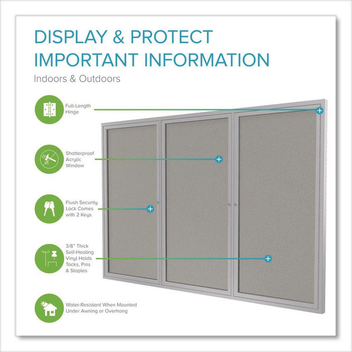 3 Door Enclosed Vinyl Bulletin Board with Satin Frame, 72" x 48", Silver Surface, Satin Aluminum Frame