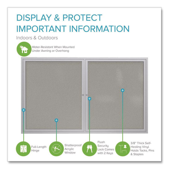 2 Door Enclosed Vinyl Bulletin Board with Satin Frame, 60" x 36", Silver Surface, Satin Aluminum Frame