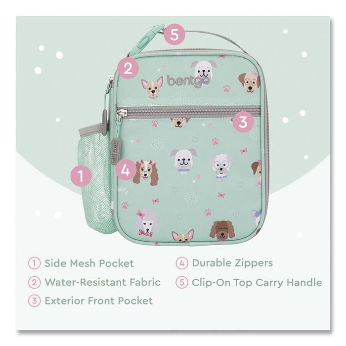 Kids Insulated Lunch Tote, Puppy Love Theme, 7.3" x 3.5" x 9.5", Mint Green/Multicolor