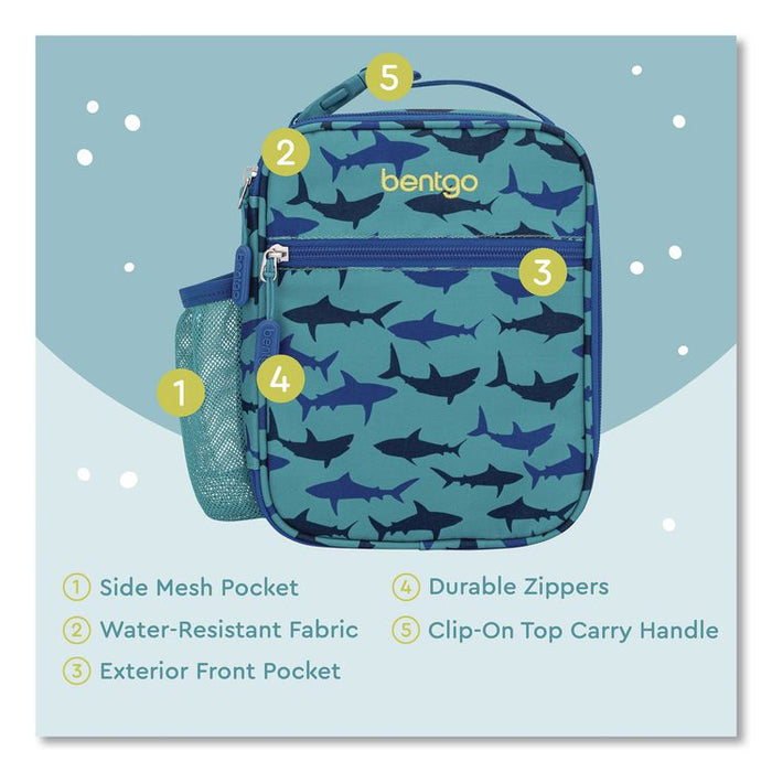 Kids Insulated Lunch Tote, Sharks Theme, 7.3" x 3.5" x 9.5", Turquoise/Blue