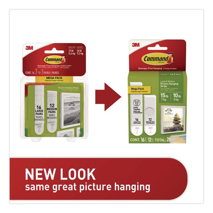 Damage-Free Hanging Picture Hanging Strip Pairs, (16) Large (0.75" x 3.65"), (12) Medium (0.63" x 2.75"), White, 28/Pack
