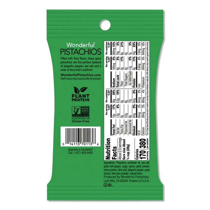 Wonderful No Shells Pistachios, Jalapeno Lime, 2.25 oz Pouch, 8/Box