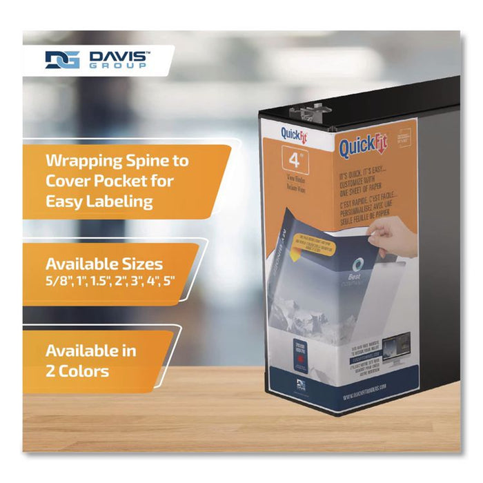 QuickFit D-Ring View Binder, 3 Rings, 4" Capacity, 11.5 x 8, Black