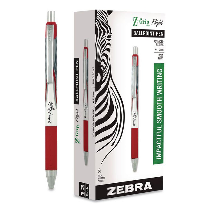 Z-Grip Flight Ballpoint Pen, Retractable, Bold 1.2 mm, Red Ink, Red/White/Silver Barrel, Dozen