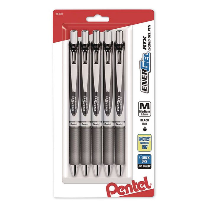 EnerGel RTX Gel Pen, Retractable, Medium 0.7 mm, Black Ink, Gray/Black Barrel, 5/Pack