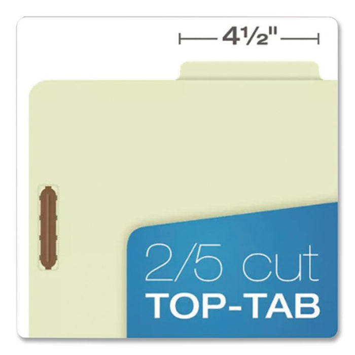 Reinforced Pressboard Classification Folders, 2/5 Tab, Expands 2.5", 2 Dividers, 6 Fasteners, Letter Size, Light Green, 10/BX