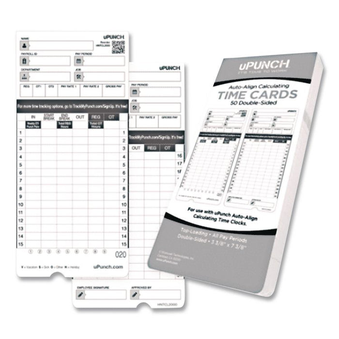 Time Clock Cards for uPunch HN4000, Two Sides, 7.37 x 3.37, 50/Pack