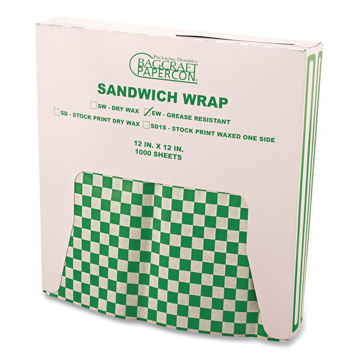 Grease-Resistant Paper Wraps and Liners, 12 x 12, Green Check, 1,000/Box, 5 Boxes/Carton