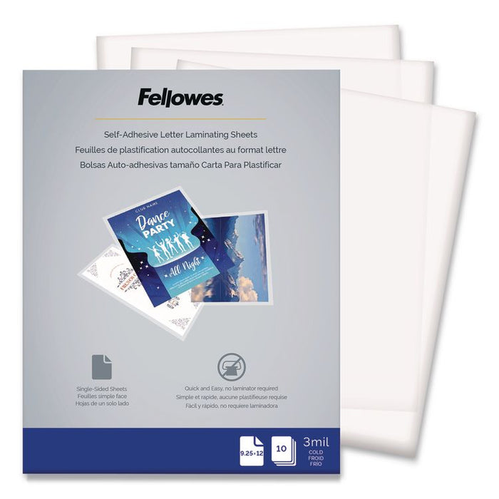 Self-Adhesive Laminating Sheets, 3 mil, 9.25 x 12, Glossy Clear, 10/Pack
