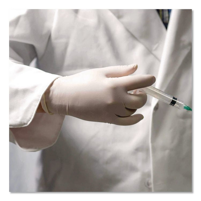 Latex Exam Gloves, Powder-Free, Large, 4 mil (Palm), 5 mil (Fingers), Ivory, 100/Box