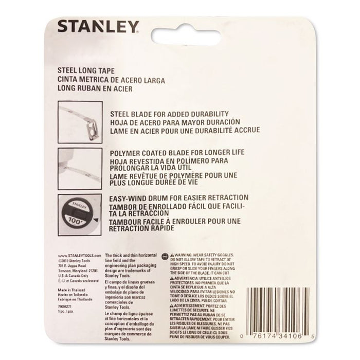Long Tape Measure, 1/8" Graduations, 100 ft, Yellow