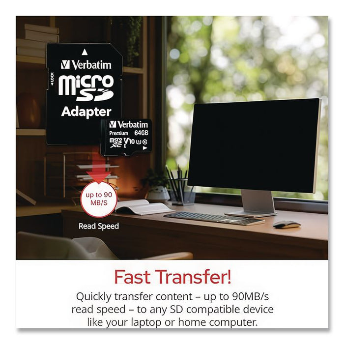 64GB Premium microSDXC Memory Card with Adapter, UHS-I V10 U1 Class 10, Up to 90MB/s Read Speed