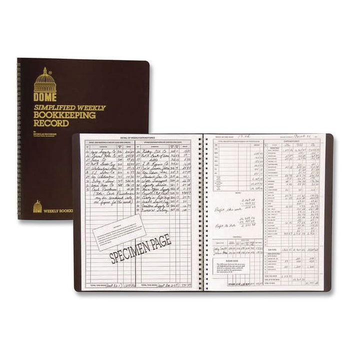 Simplified Weekly Bookkeeping Record, 4 Column Format, Brown Cover, 11 x 8.5 Sheets, 128 Sheets/Book