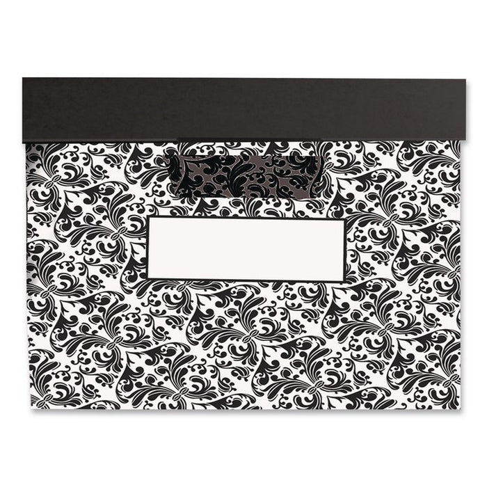 STOR/FILE Decorative Medium-Duty Storage Box, Letter/Legal Files, 12.5" x 16.25" x 10.5", Black/White Brocade Design, 4/CT
