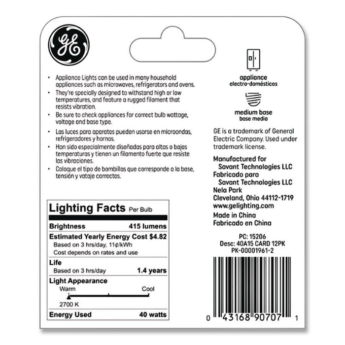 Incandescent A15 Light Bulb for Kitchen Appliances, 40 W, 120 V, Clear