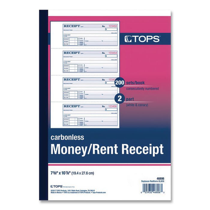 Money and Rent Receipt Books, Account + Payment Sections, Two-Part Carbonless, 7.13 x 2.75, 4 Forms/Sheet, 200 Forms Total