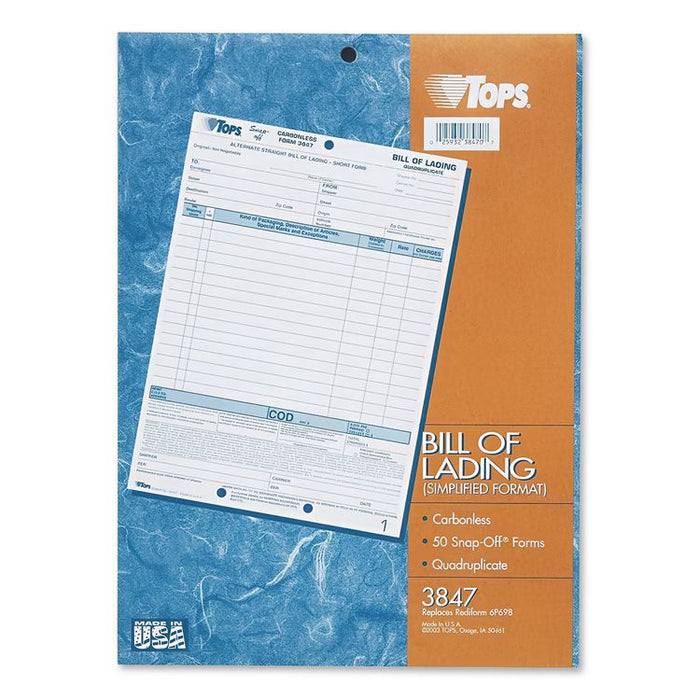 Bill of Lading, Three-Part Carbonless, 8.5 x 11, 50 Forms Total