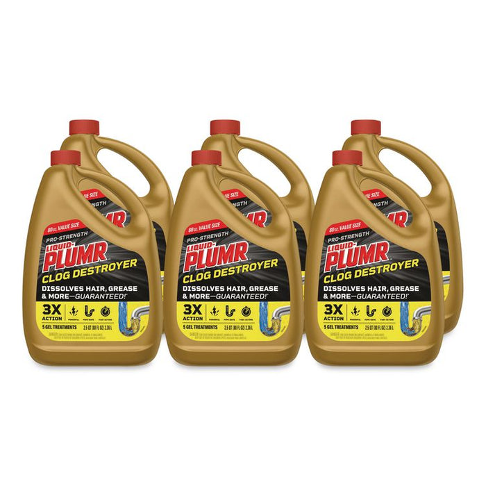 Pro-Strength Full Clog Destroyer Plus PipeGuard, Gel, 80 oz Bottle, 6/Carton
