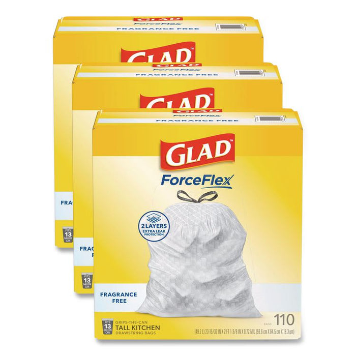 ForceFlex Kitchen Drawstring Trash Bags, Drawstring, 13 gal, Unscented, 23.47 x 25.38, White, 110 Bags/Box, 3 Boxes/Carton