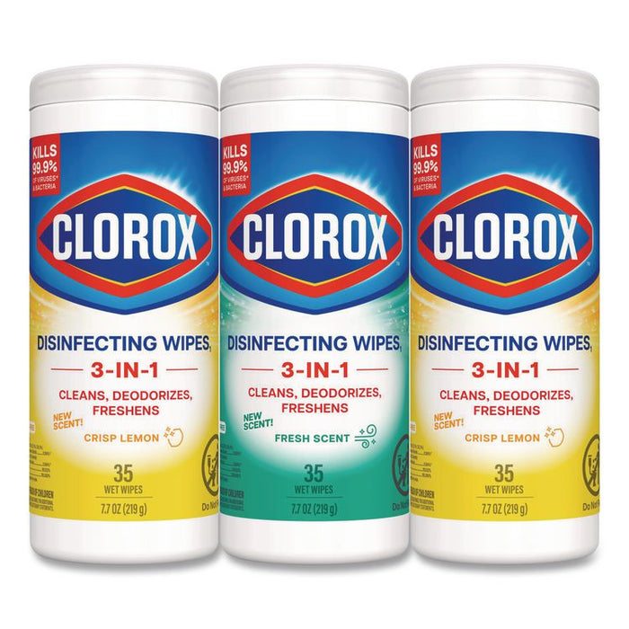 Disinfecting Wipes, 1-Ply, 7 x 8, (1) Fresh Scent/(2) Crisp Lemon, White, 35/Canister, 3 Canisters/Pack