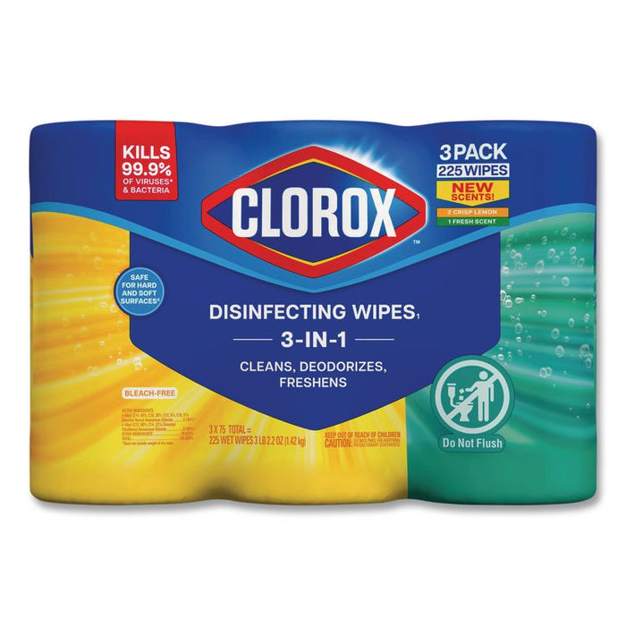 Disinfecting Wipes, Bleach Free Cleaning Wipes, 1-Ply, 7 x 8, Fresh Scent/Citrus Blend, White, 75/Canister, 3/Pack, 4/Carton