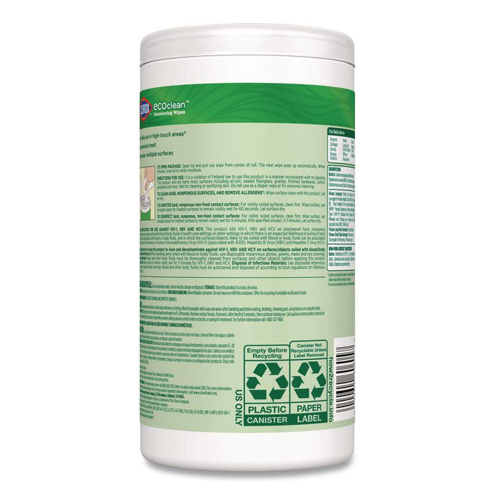 CloroxPro EcoClean Disinfecting Wipes, 1-Ply, 8 x 7, Unscented, White, 75 Count