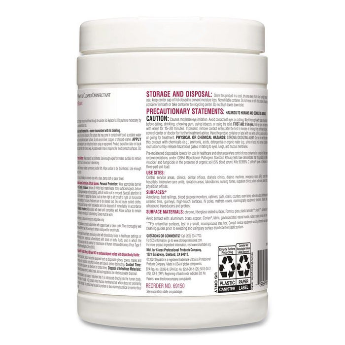 Dispatch Hospital Cleaner Disinfectant Towels w/Bleach, 1-Ply, 6.75 x 8, Unscented, White, 150/Canister, 8 Canisters/Carton