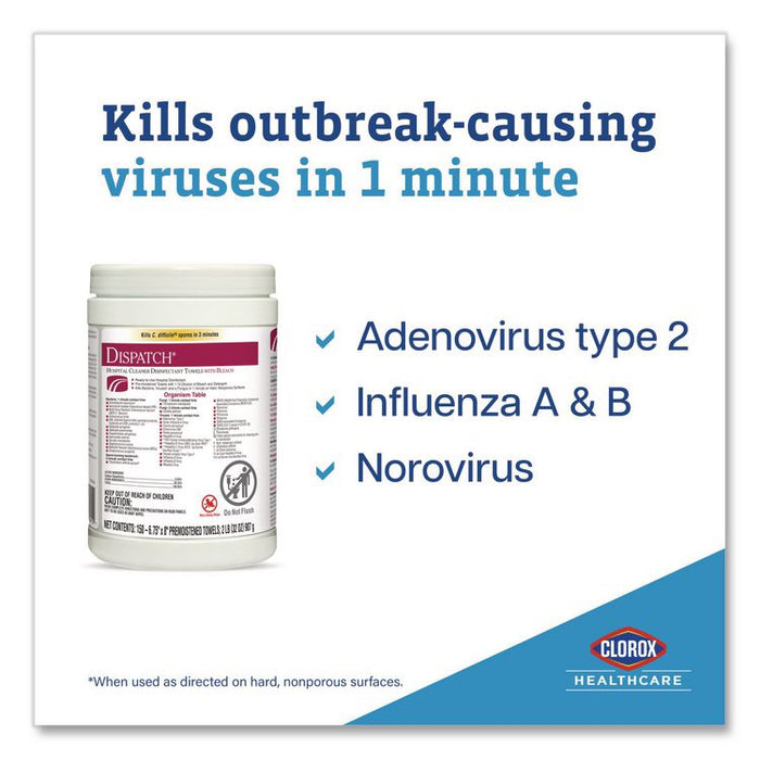 Dispatch Hospital Cleaner Disinfectant Towels w/Bleach, 1-Ply, 6.75 x 8, Unscented, White, 150/Canister, 8 Canisters/Carton