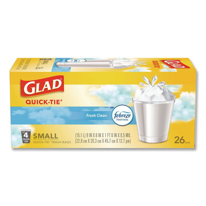 OdorShield Quick-Tie Small Trash Bags, Tie-Flap, 4 gal, Febreze Fresh Clean Scent, 8 x 18, White, 26 Bags/Box, 6 Boxes/Carton