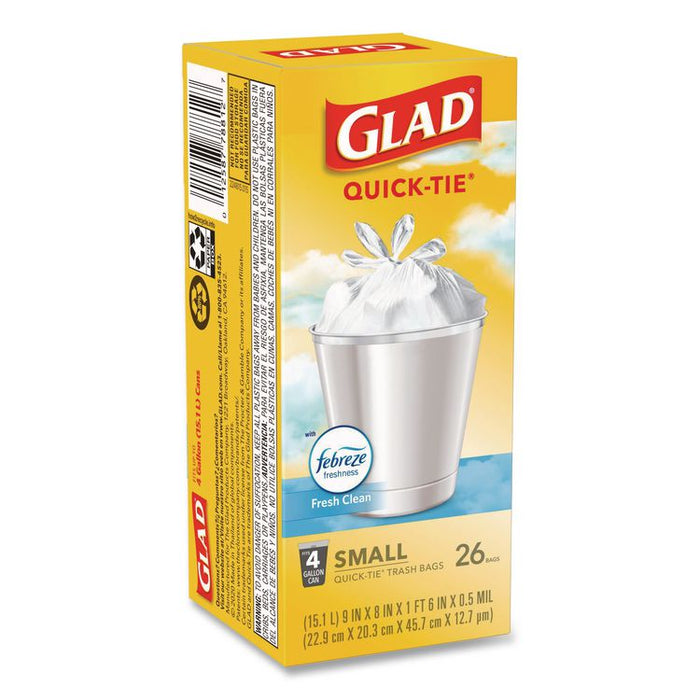 OdorShield Quick-Tie Small Trash Bags, Tie-Flap, 4 gal, Febreze Fresh Clean Scent, 8 x 18, White, 26 Bags/Box, 6 Boxes/Carton