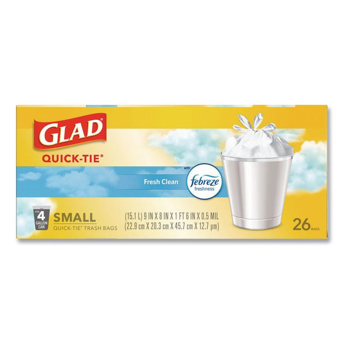 OdorShield Quick-Tie Small Trash Bags, Tie-Flap, 4 gal, Febreze Fresh Clean Scent, 8 x 18, White, 26 Bags/Box, 6 Boxes/Carton