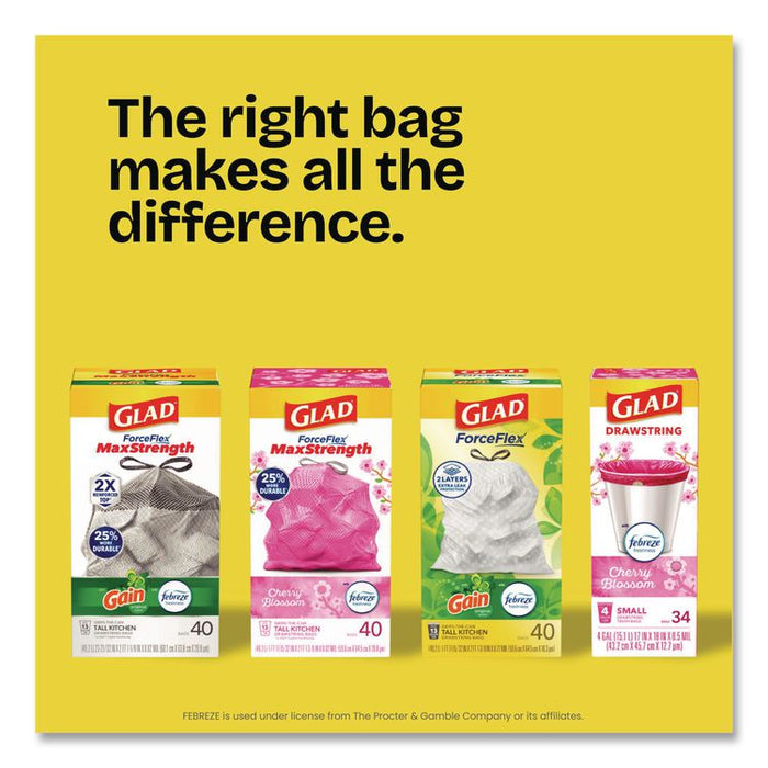 ForceFlex Kitchen Drawstring Trash Bags, 13 gal, Gain Lavender Scent, 24 x 27.38, White, 80 Bags/Box, 3 Boxes/Carton