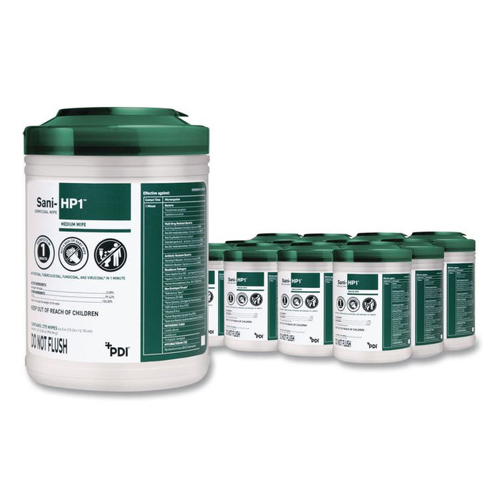 Sani-HP1 Germicidal Wipes, 5 x 6, Unscented, White, 275 Wipes/Canister, 12 Canisters/Carton