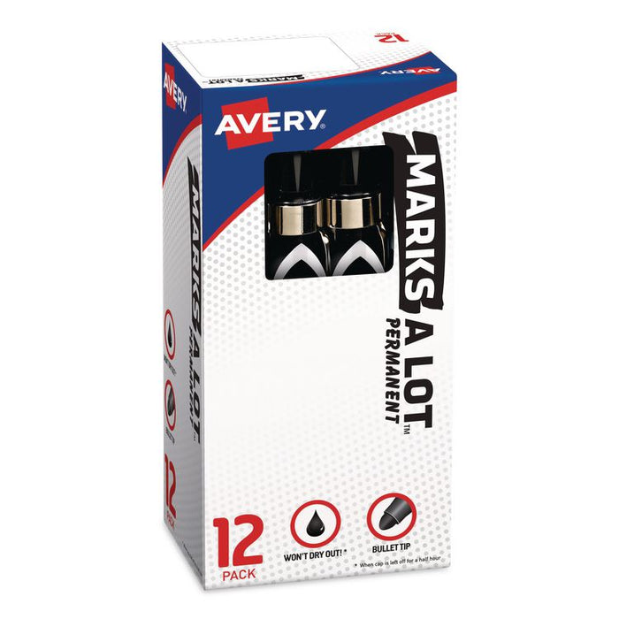 MARKS A LOT Large Desk-Style Permanent Marker with Metal Pocket Clip, Broad Bullet Tip, Black, Dozen