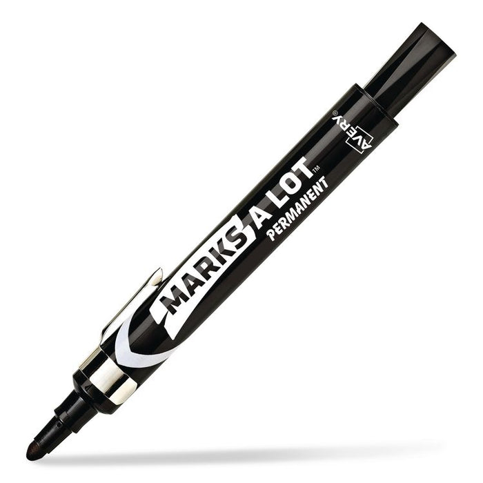 MARKS A LOT Large Desk-Style Permanent Marker with Metal Pocket Clip, Broad Bullet Tip, Black, Dozen