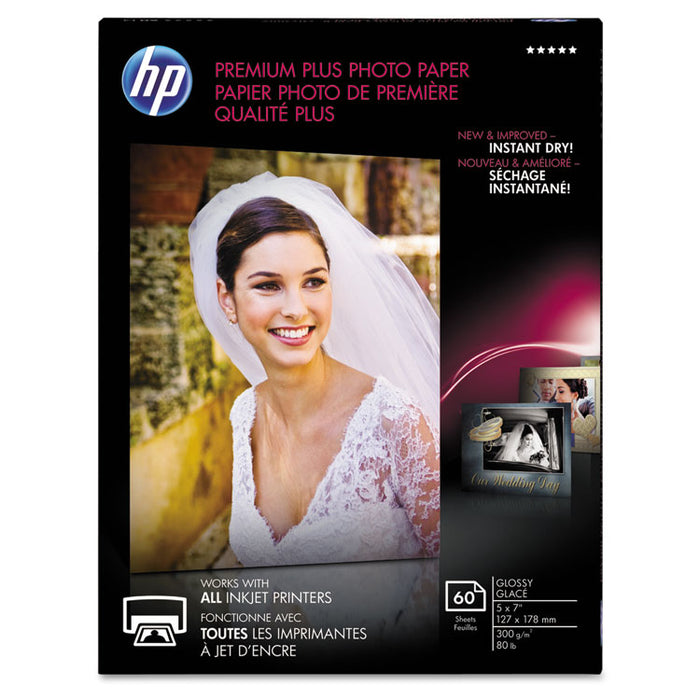 Premium Plus Photo Paper, 11.5 mil, 5 x 7, Glossy White, 60/Pack