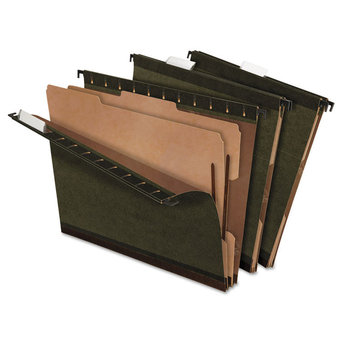 SureHook Reinforced Hanging Divider Folders, 1/5-Cut Tab, Expands 2", 2 Dividers, 4 Fasteners, Letter Size, Green, 10/Box