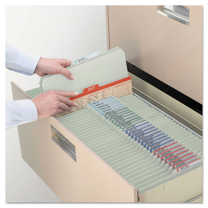 Pressboard Classification Folders, 2/5-Cut Tab, Expands 2", 1 Divider, 4 SafeSHIELD Fasteners, Letter Size, Gray-Green, 10/BX