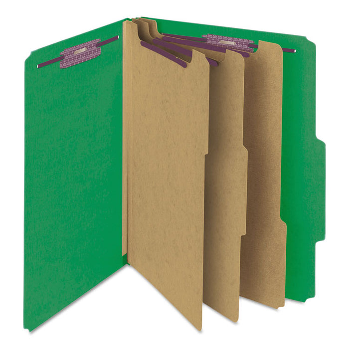 Pressboard Top Tab Classification Folders, 2/5 Tab, Expands 3", 3 Dividers, 8 SafeSHIELD Fasteners, Letter Size, Green, 10/BX