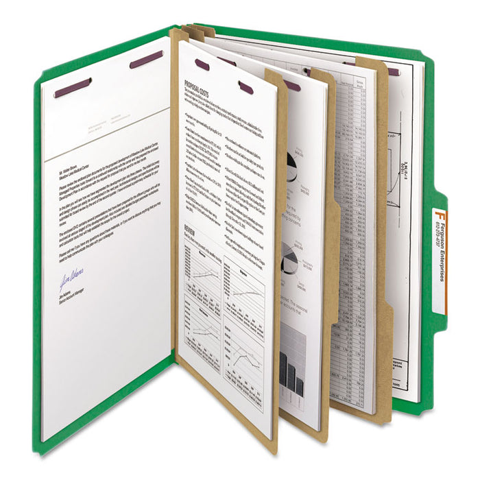 Pressboard Top Tab Classification Folders, 2/5 Tab, Expands 3", 3 Dividers, 8 SafeSHIELD Fasteners, Letter Size, Green, 10/BX
