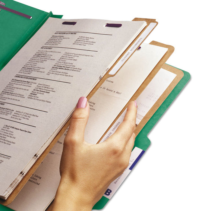 Pressboard Top Tab Classification Folders, 2/5 Tab, Expands 3", 3 Dividers, 8 SafeSHIELD Fasteners, Letter Size, Green, 10/BX