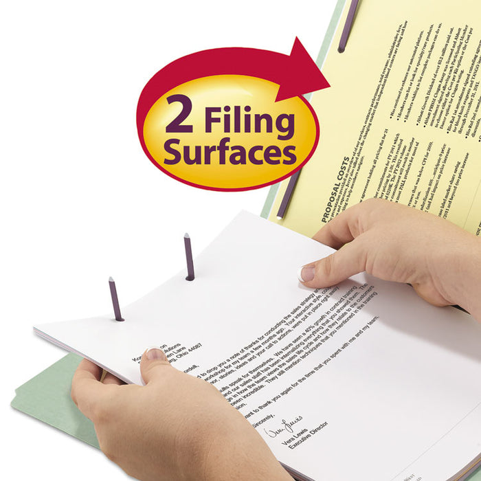 Recycled Pressboard Fastener Folders, 1/3 Tab: Assorted, Expands 2", 2 SafeSHIELD Fasteners, Legal Size, Gray-Green, 25/Box