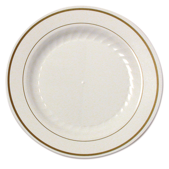 Masterpiece Plastic Plates, 7.5" dia, Ivory/Gold, 10/Pack, 15 Packs/Carton