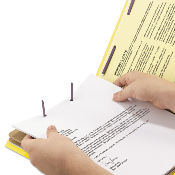 End Tab Pressboard Classification Folders, Expands 2", 2 Dividers, 6 SafeSHIELD Fasteners, Letter Size, Yellow, 10/Box